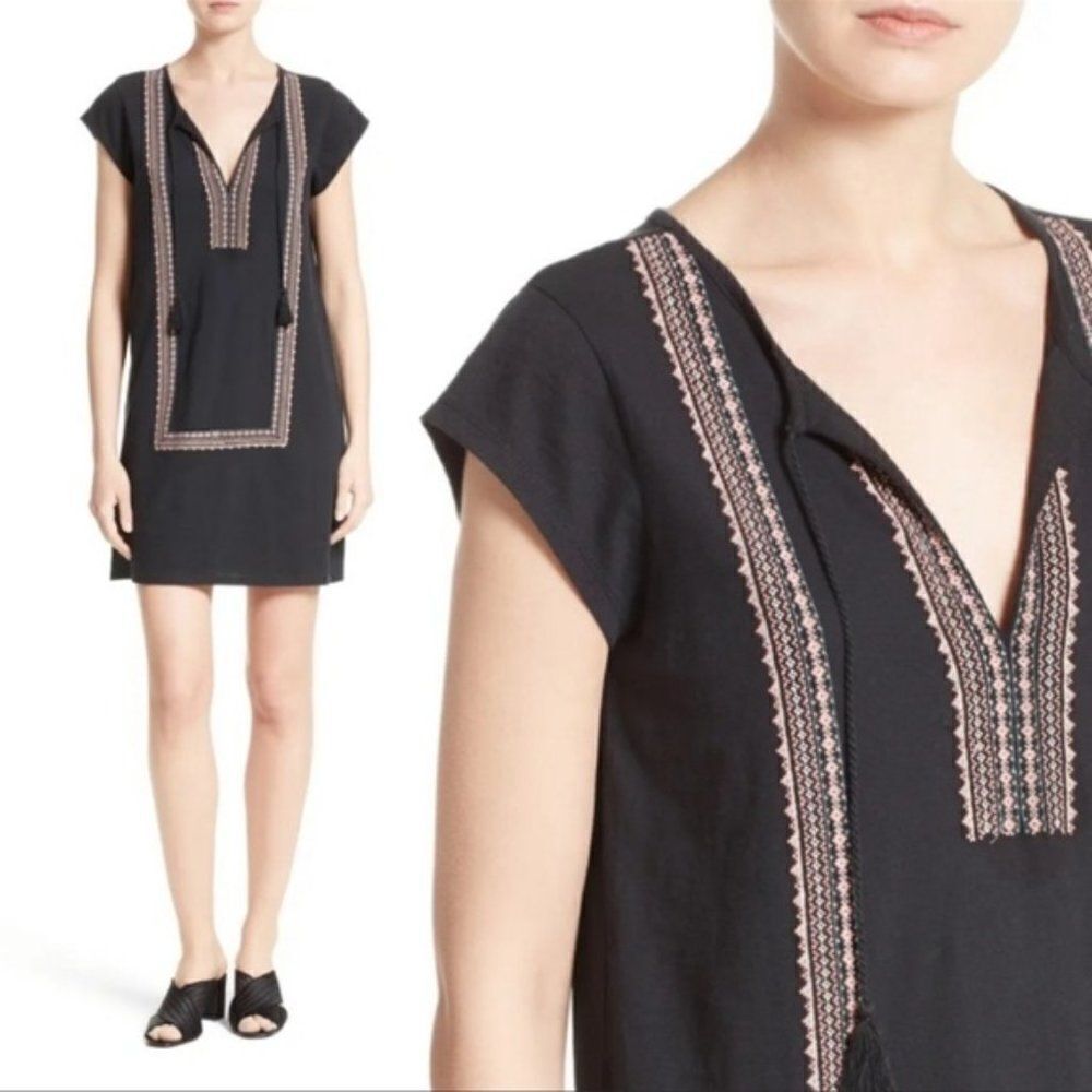 Joie Embroidered Boho Dress Womens Small Black Sleeveless Peasant Tassel